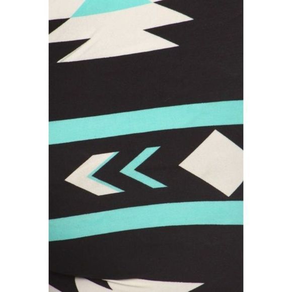 (Plus) Curvy Black White Teal Aztec Pattern Print Leggings - Picture 4 of 4